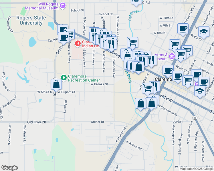 map of restaurants, bars, coffee shops, grocery stores, and more near 1221 West Brooks Street in Claremore