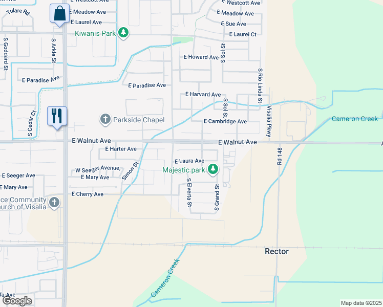 map of restaurants, bars, coffee shops, grocery stores, and more near 3819 East Harter Court in Visalia