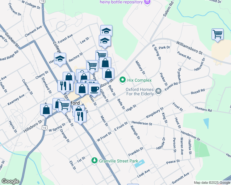 map of restaurants, bars, coffee shops, grocery stores, and more near 123 Belle Street in Oxford