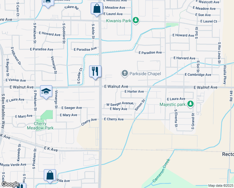 map of restaurants, bars, coffee shops, grocery stores, and more near 2037 South Palm Street in Visalia