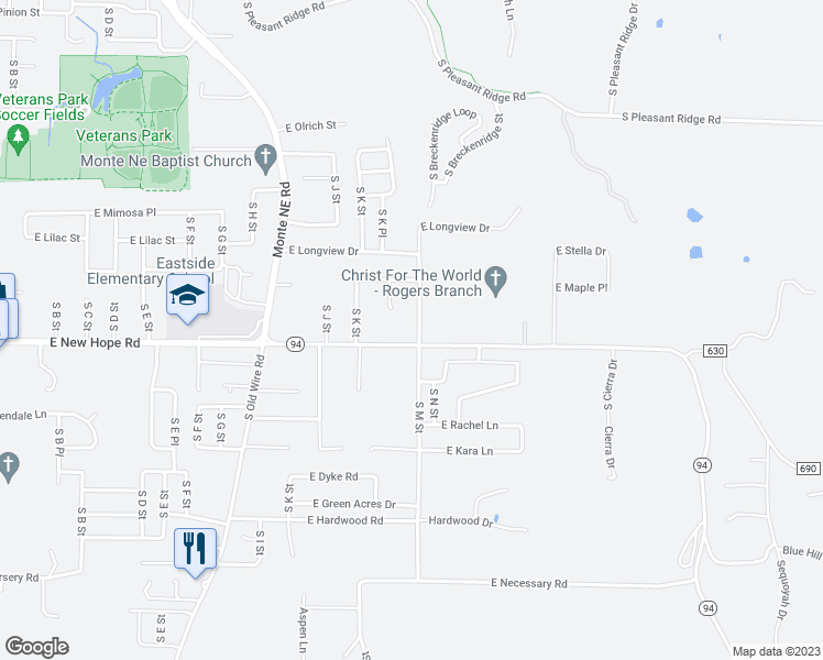 map of restaurants, bars, coffee shops, grocery stores, and more near 1714 South M Street in Rogers