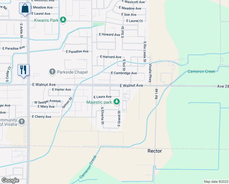 map of restaurants, bars, coffee shops, grocery stores, and more near 3925 East Harter Court in Visalia