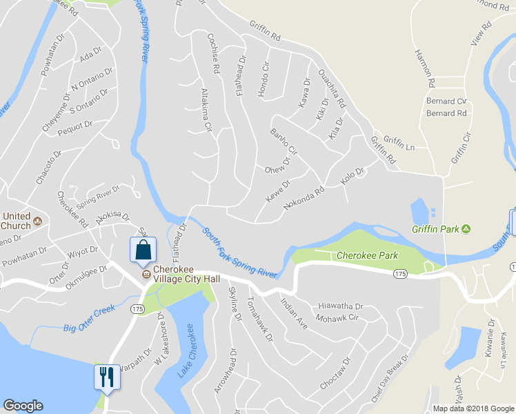 map of restaurants, bars, coffee shops, grocery stores, and more near 25 Kewe Drive in Cherokee Village