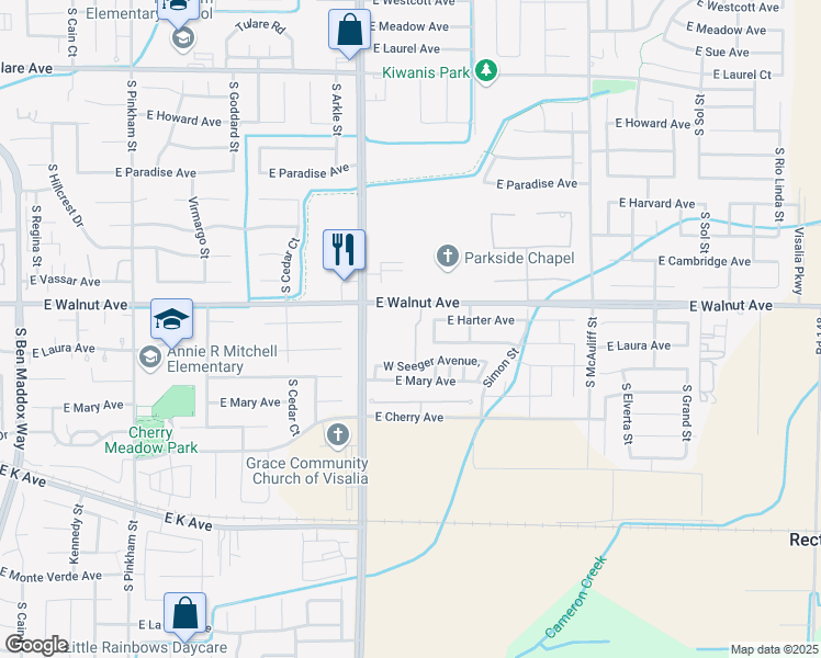 map of restaurants, bars, coffee shops, grocery stores, and more near 2037 South Palm Street in Visalia