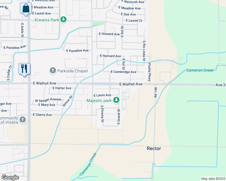 map of restaurants, bars, coffee shops, grocery stores, and more near 3925 East Harter Court in Visalia