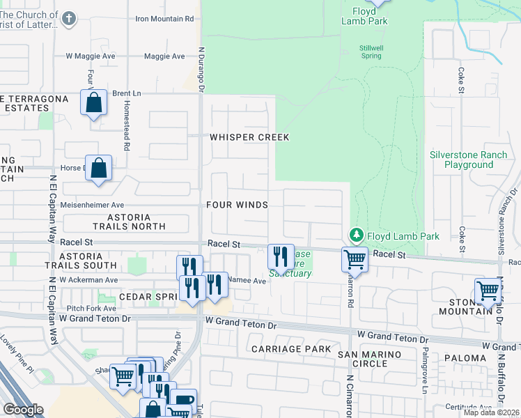 map of restaurants, bars, coffee shops, grocery stores, and more near 8209 Flowing Rapids Court in Las Vegas