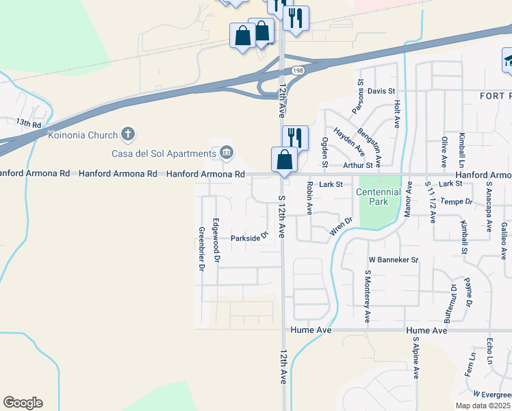 map of restaurants, bars, coffee shops, grocery stores, and more near 1785 Woodland Drive in Hanford
