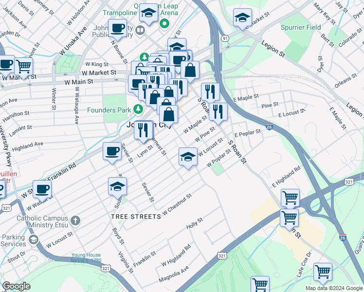 map of restaurants, bars, coffee shops, grocery stores, and more near 212 West Pine Street in Johnson City