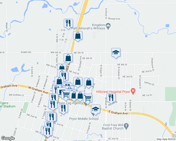 map of restaurants, bars, coffee shops, grocery stores, and more near 212 North Rowe Street in Pryor