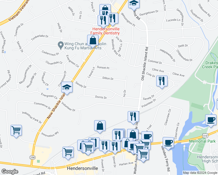 map of restaurants, bars, coffee shops, grocery stores, and more near 118 Savely Drive in Hendersonville