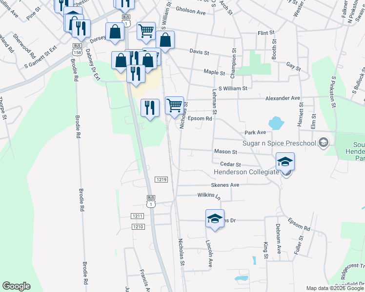 map of restaurants, bars, coffee shops, grocery stores, and more near 1390 Nicholas Street in Henderson