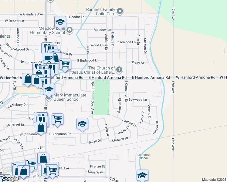 map of restaurants, bars, coffee shops, grocery stores, and more near 870 Azalea Lane in Lemoore