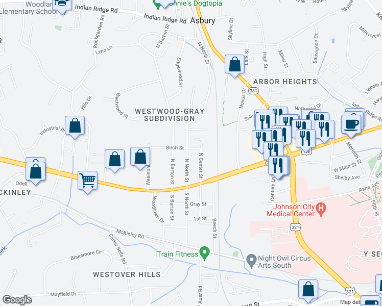 map of restaurants, bars, coffee shops, grocery stores, and more near 618 North North Street in Johnson City