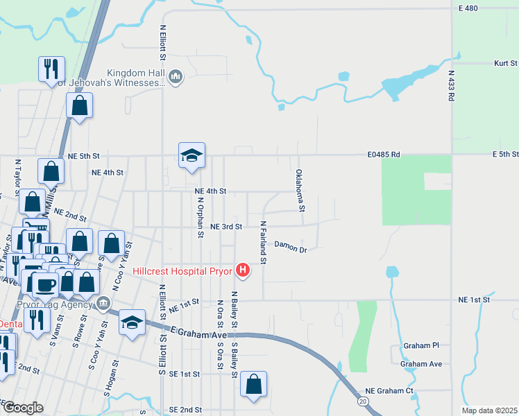 map of restaurants, bars, coffee shops, grocery stores, and more near 308 North Fairland Street in Pryor