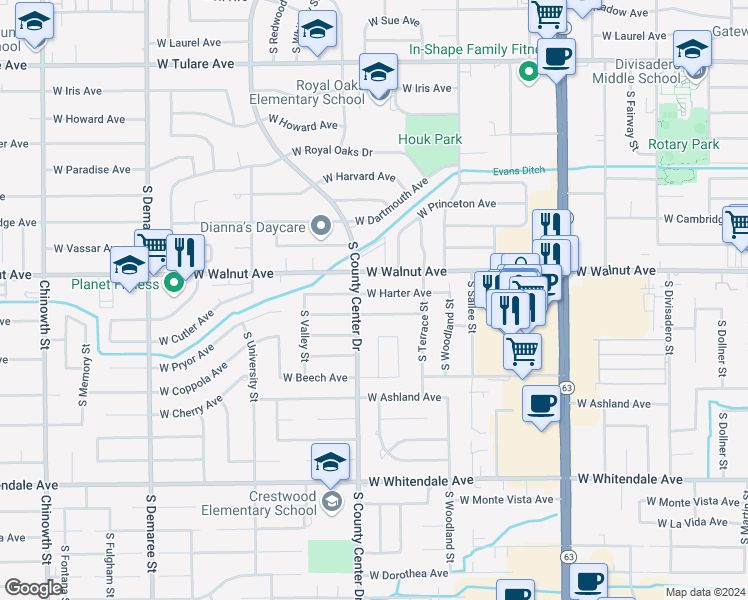 map of restaurants, bars, coffee shops, grocery stores, and more near 2815 West Harter Avenue in Visalia