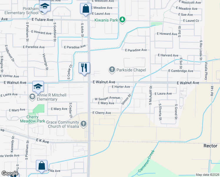 map of restaurants, bars, coffee shops, grocery stores, and more near 3139 East Harter Avenue in Visalia
