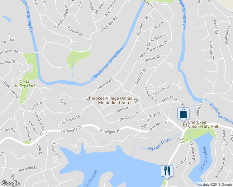 map of restaurants, bars, coffee shops, grocery stores, and more near 6 Navajo Trce in Cherokee Village