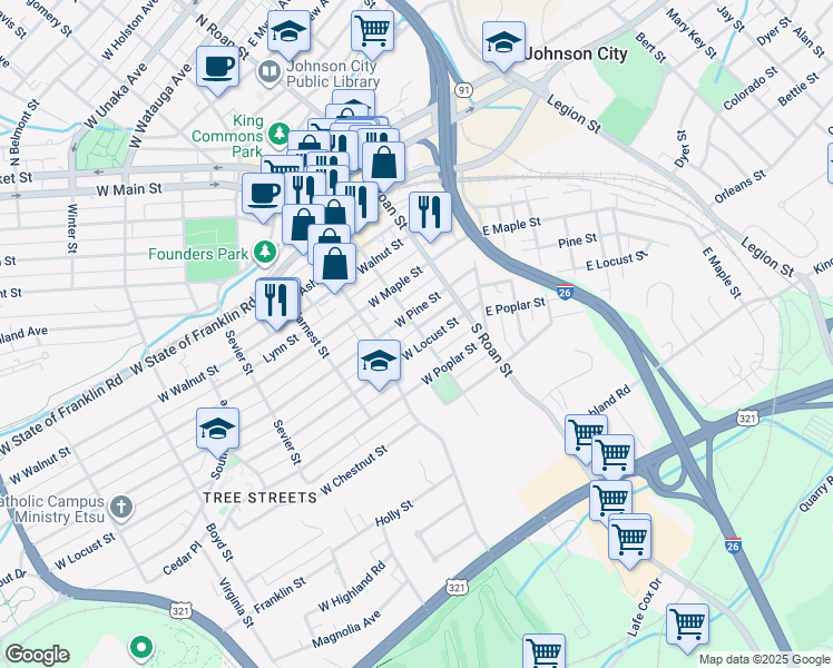 map of restaurants, bars, coffee shops, grocery stores, and more near 1004 Spring Street in Johnson City