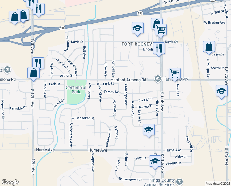 map of restaurants, bars, coffee shops, grocery stores, and more near 1103 Tempe Drive in Hanford