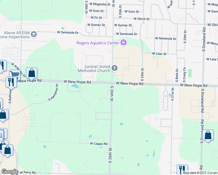 map of restaurants, bars, coffee shops, grocery stores, and more near 1910 South 26th Street in Rogers
