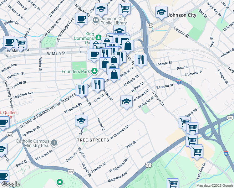map of restaurants, bars, coffee shops, grocery stores, and more near 307 West Maple Street in Johnson City