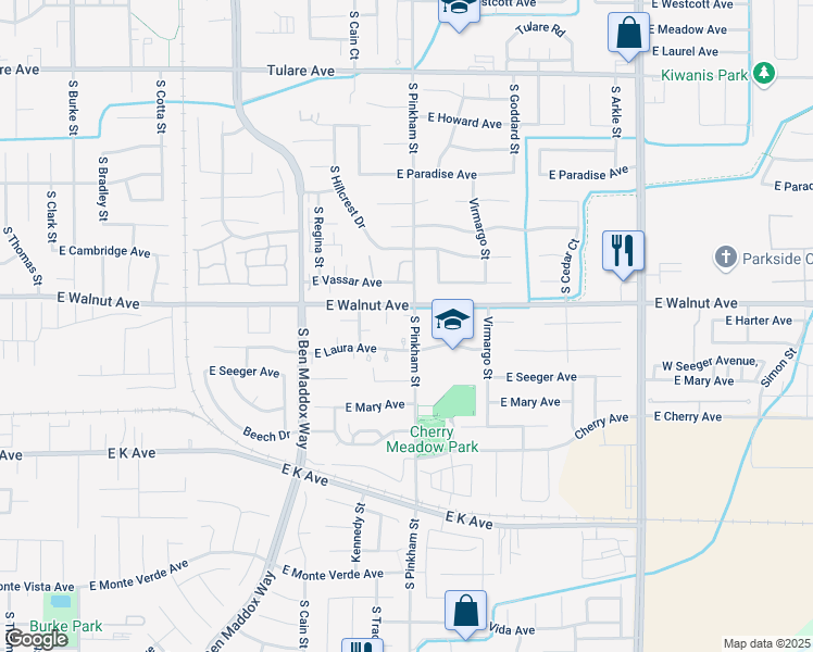 map of restaurants, bars, coffee shops, grocery stores, and more near 2035 South Pinkham Street in Visalia