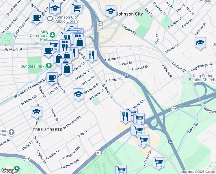 map of restaurants, bars, coffee shops, grocery stores, and more near 1209 Division Street in Johnson City