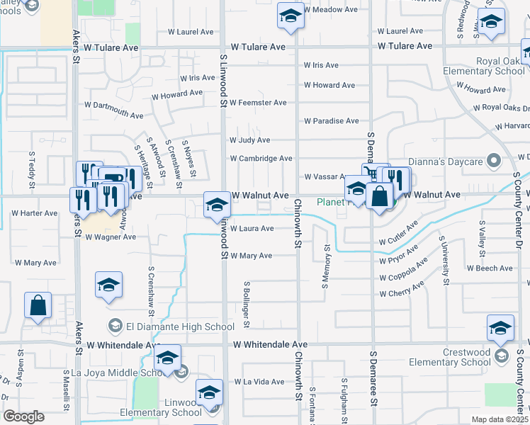 map of restaurants, bars, coffee shops, grocery stores, and more near 4253 West Walnut Avenue in Visalia