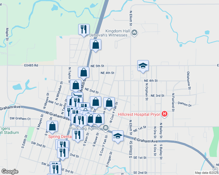 map of restaurants, bars, coffee shops, grocery stores, and more near 212 North Rowe Street in Pryor