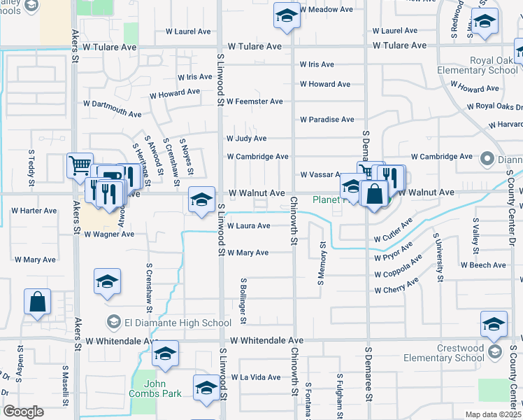map of restaurants, bars, coffee shops, grocery stores, and more near 4329 West Walnut Avenue in Visalia