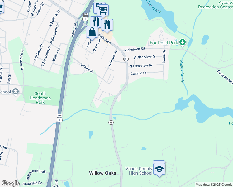 map of restaurants, bars, coffee shops, grocery stores, and more near 2072 North Carolina 39 in Henderson