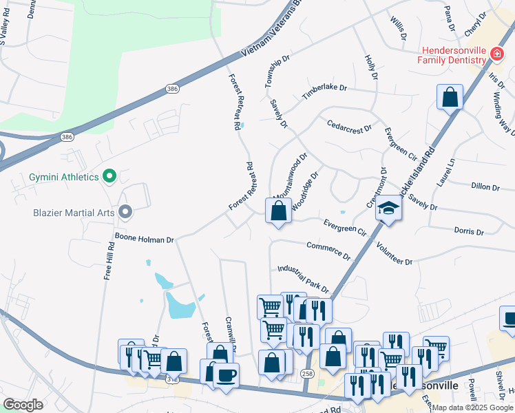 map of restaurants, bars, coffee shops, grocery stores, and more near 104 Spruce Dr in Hendersonville