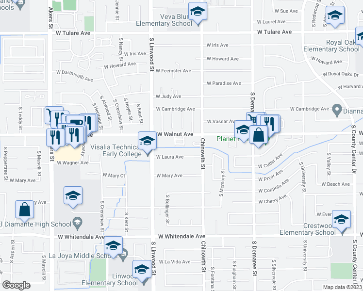 map of restaurants, bars, coffee shops, grocery stores, and more near 4243 West Walnut Avenue in Visalia