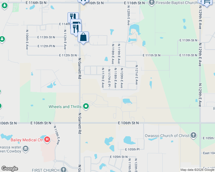 map of restaurants, bars, coffee shops, grocery stores, and more near 10904 North 117th East Place in Owasso