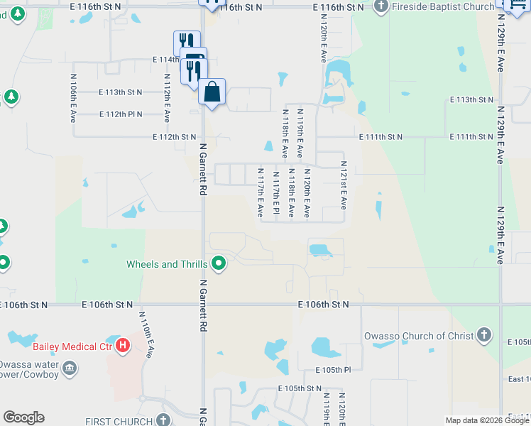 map of restaurants, bars, coffee shops, grocery stores, and more near 10904 North 117th East Place in Owasso