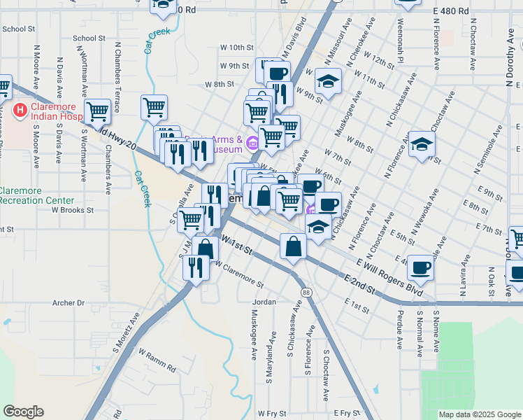 map of restaurants, bars, coffee shops, grocery stores, and more near 416 West Will Rogers Boulevard in Claremore
