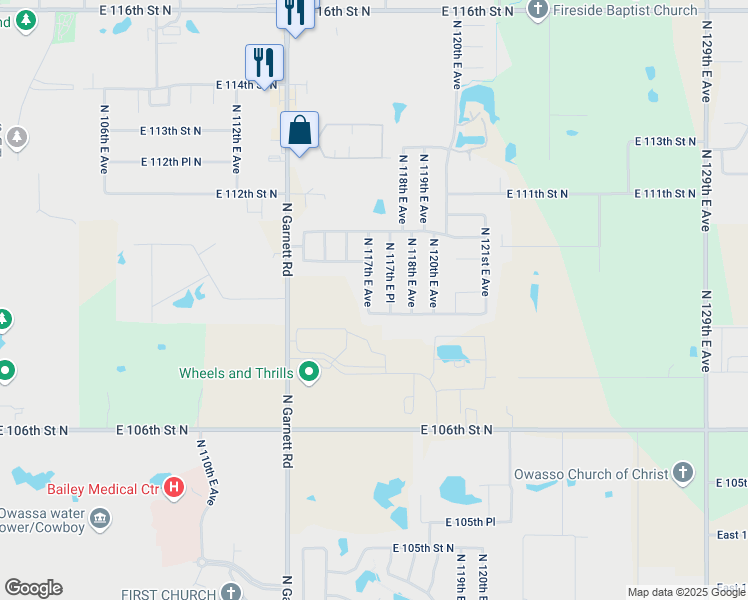 map of restaurants, bars, coffee shops, grocery stores, and more near 10905 North 117th East Avenue in Owasso