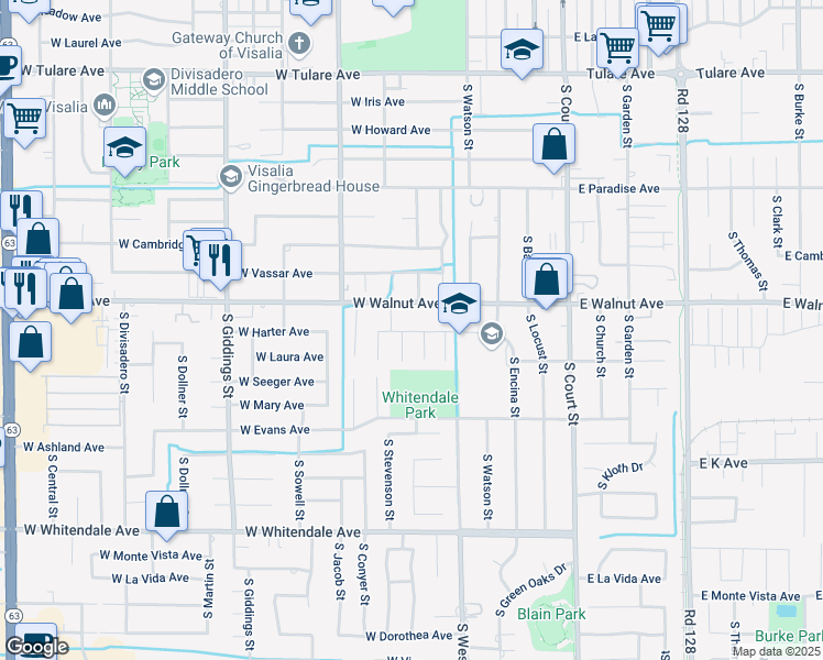 map of restaurants, bars, coffee shops, grocery stores, and more near 530 West Harter Avenue in Visalia