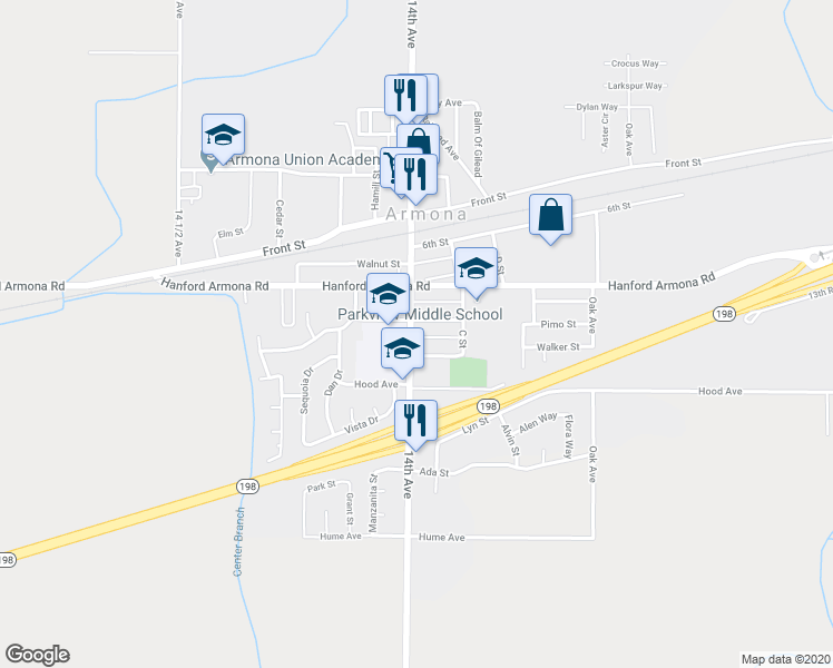 map of restaurants, bars, coffee shops, grocery stores, and more near 11111 14th Avenue in Armona