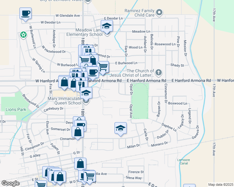 map of restaurants, bars, coffee shops, grocery stores, and more near 1059 Jade Way in Lemoore