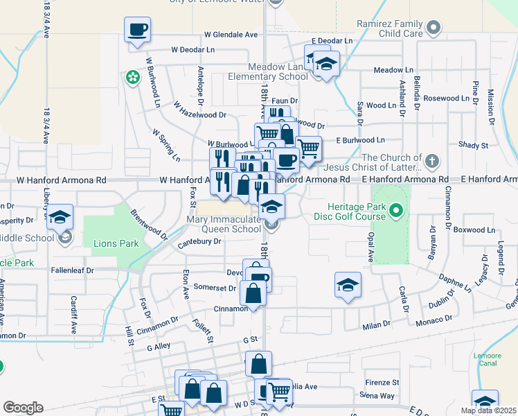 map of restaurants, bars, coffee shops, grocery stores, and more near in Lemoore