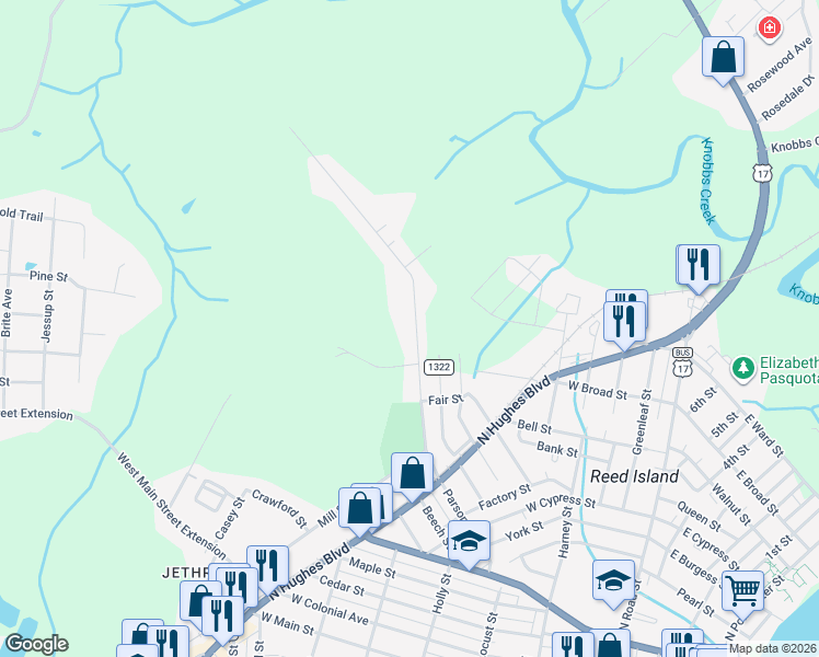 map of restaurants, bars, coffee shops, grocery stores, and more near 1013 Parsonage Street in Elizabeth City