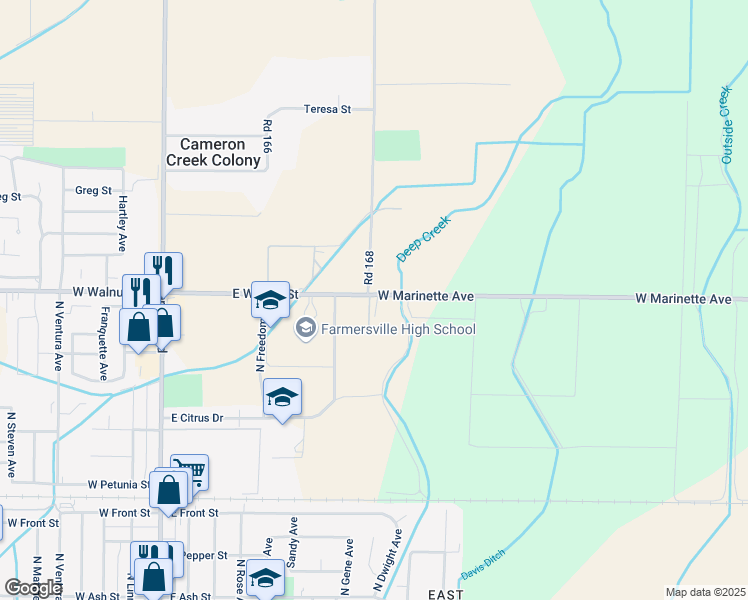 map of restaurants, bars, coffee shops, grocery stores, and more near 16811 Avenue 288 in Exeter