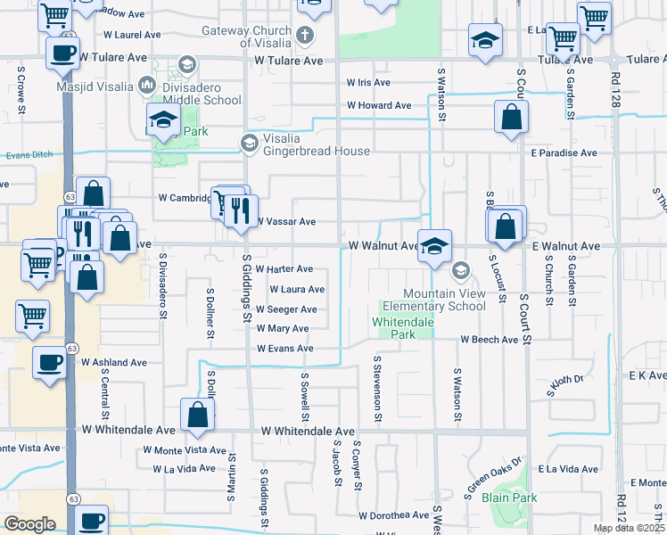 map of restaurants, bars, coffee shops, grocery stores, and more near 2100 South Jacob Street in Visalia