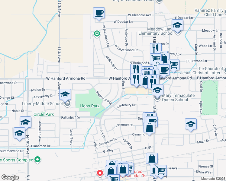 map of restaurants, bars, coffee shops, grocery stores, and more near 1020 Hanover Avenue in Lemoore