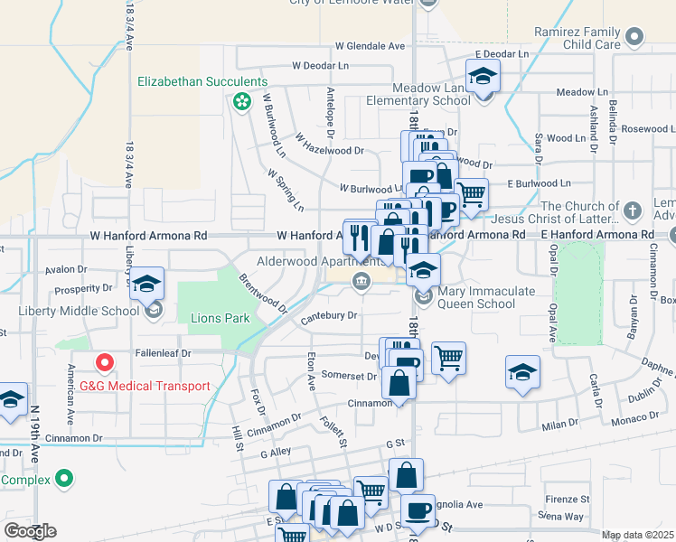 map of restaurants, bars, coffee shops, grocery stores, and more near 215 West Hanford Armona Road in Lemoore