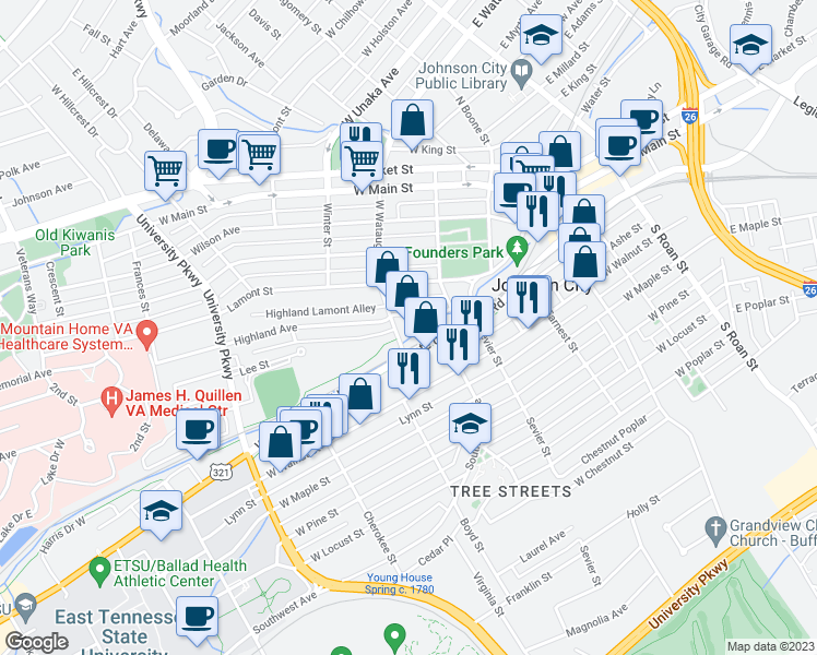 map of restaurants, bars, coffee shops, grocery stores, and more near 905 West Watauga Avenue in Johnson City