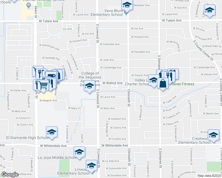 map of restaurants, bars, coffee shops, grocery stores, and more near 4329 West Walnut Avenue in Visalia