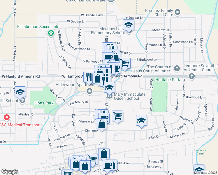 map of restaurants, bars, coffee shops, grocery stores, and more near 1000 North Lemoore Avenue in Lemoore