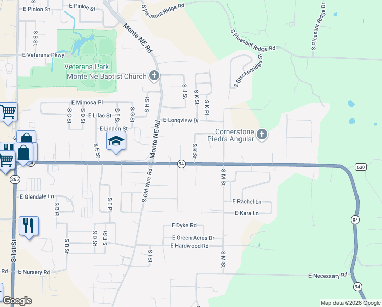 map of restaurants, bars, coffee shops, grocery stores, and more near 1812 South K Street in Rogers